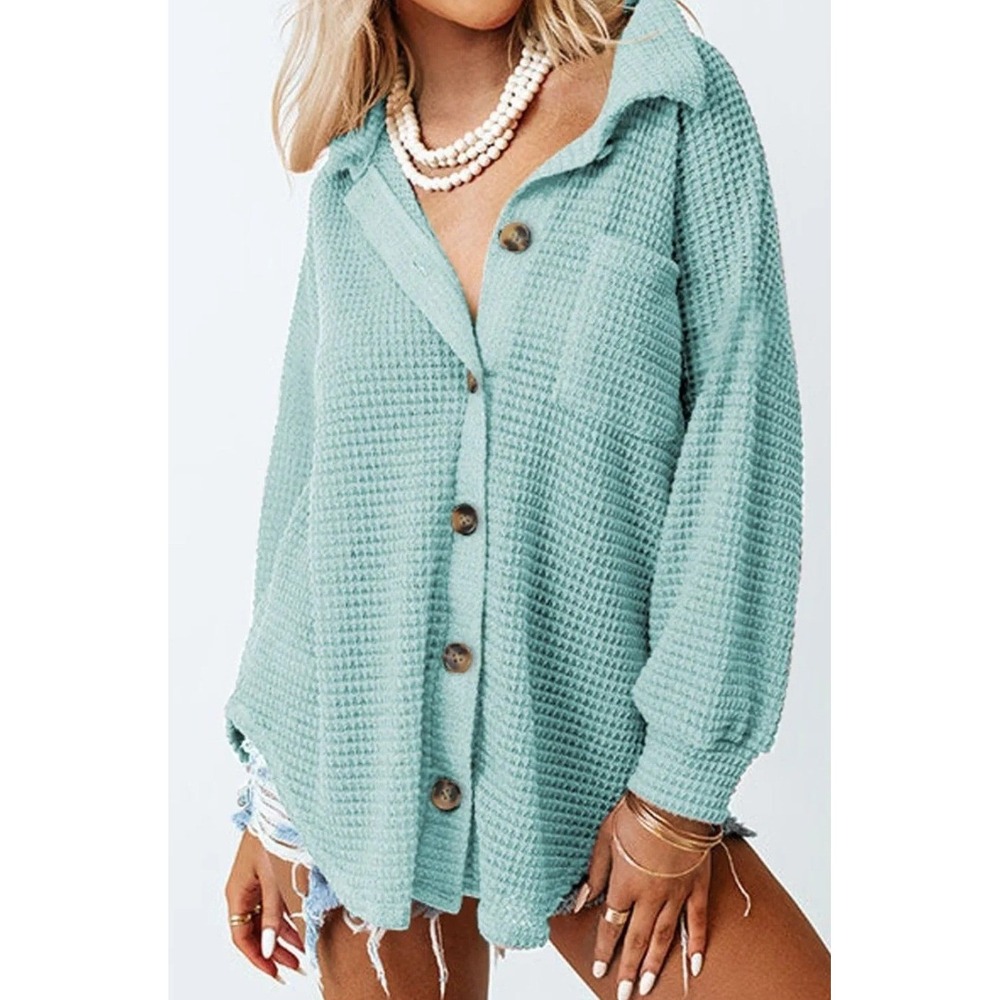 Women 2XL Waffle Knit Button Down Shirt Sage Green Shacket Top pockets slouchy